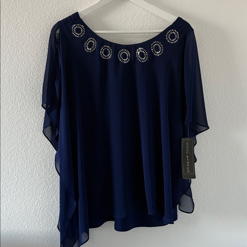 Navy Blue Sheer Overlay Beaded Blouse